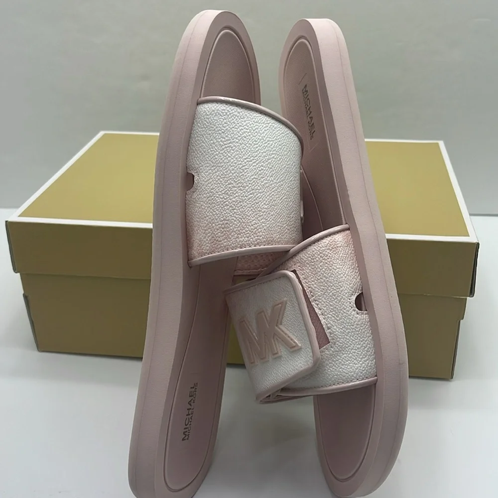 Michael Kors Slide Logo Sandals Palmer Ombré Signature Powder Blush Multi  NWT